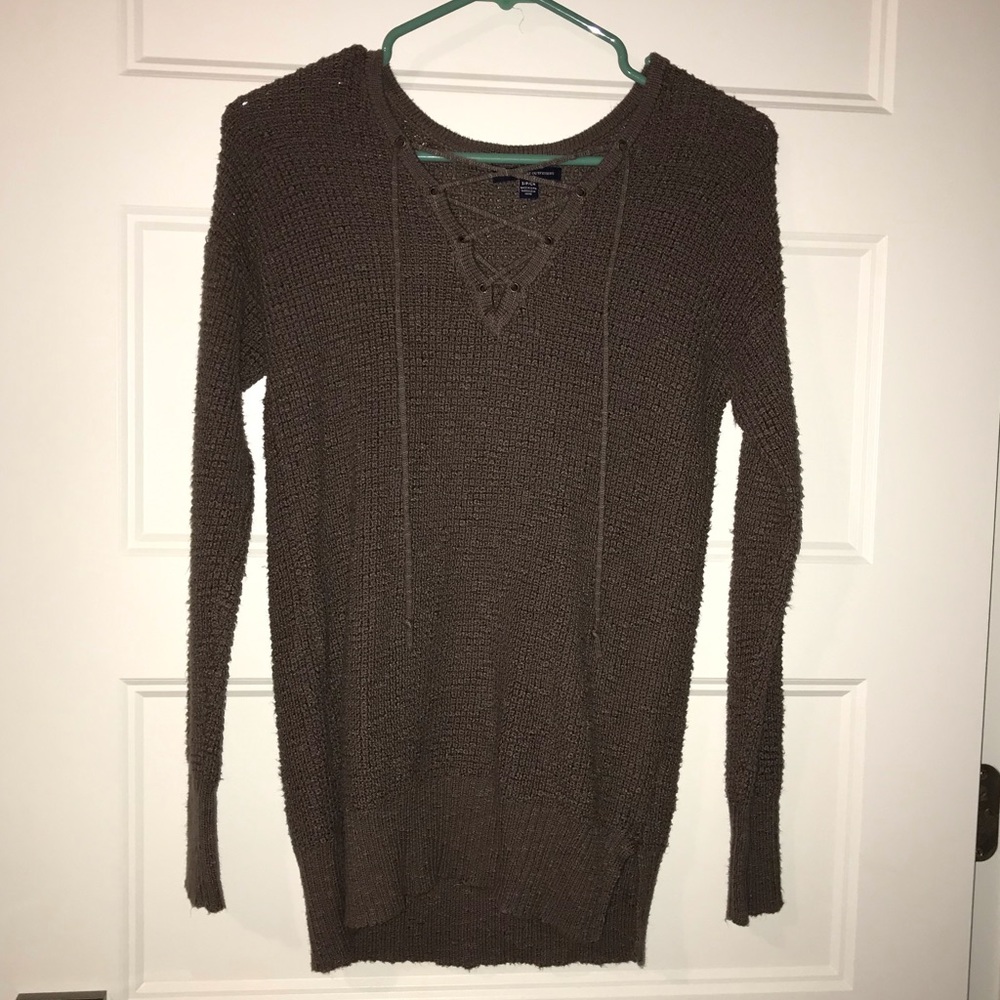 Brown Lace-Up Waffle Knit Sweater